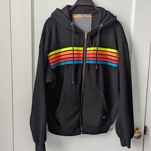 EUC Aviator Nation Black Charcoal Neon Five-Stripe Hoodie Sweater Size Medium - Picture 6 of 12